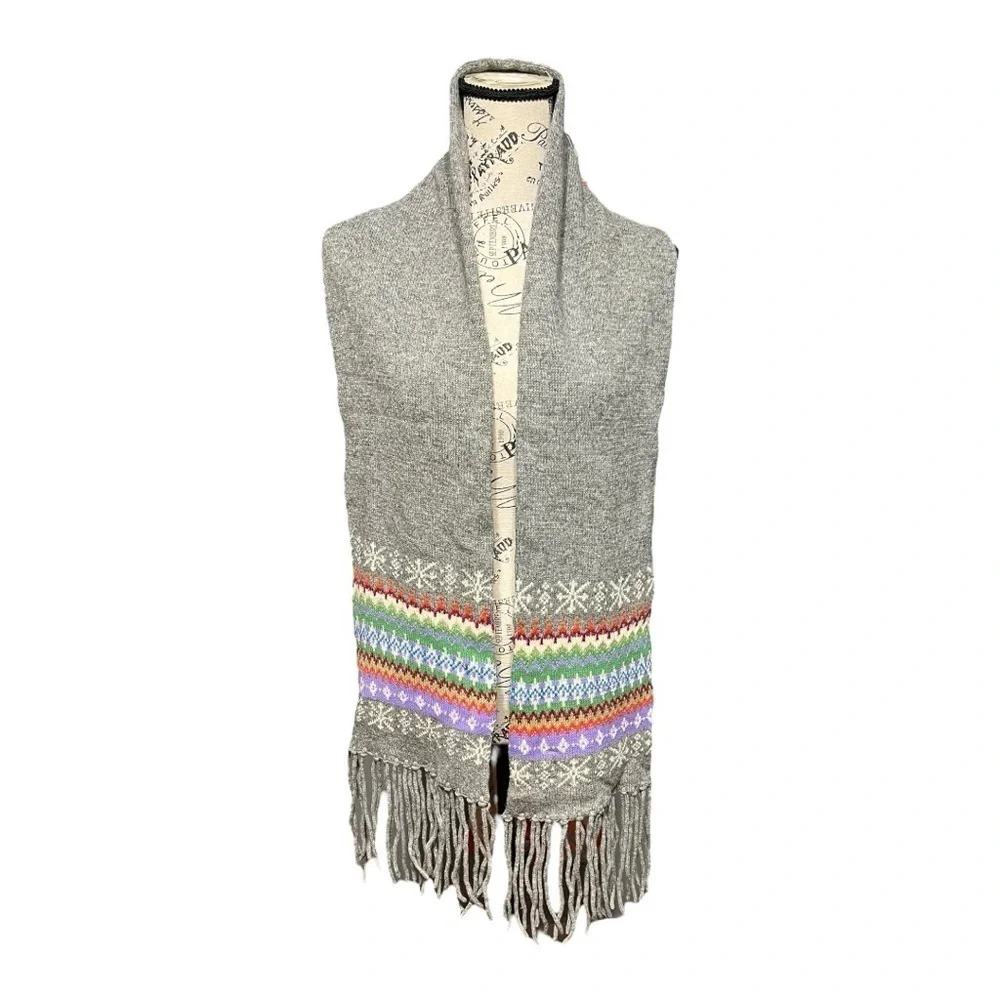 Steve & Barry’s Gray Nordic Fringe Knit Scarf 65” Lambswool Blend